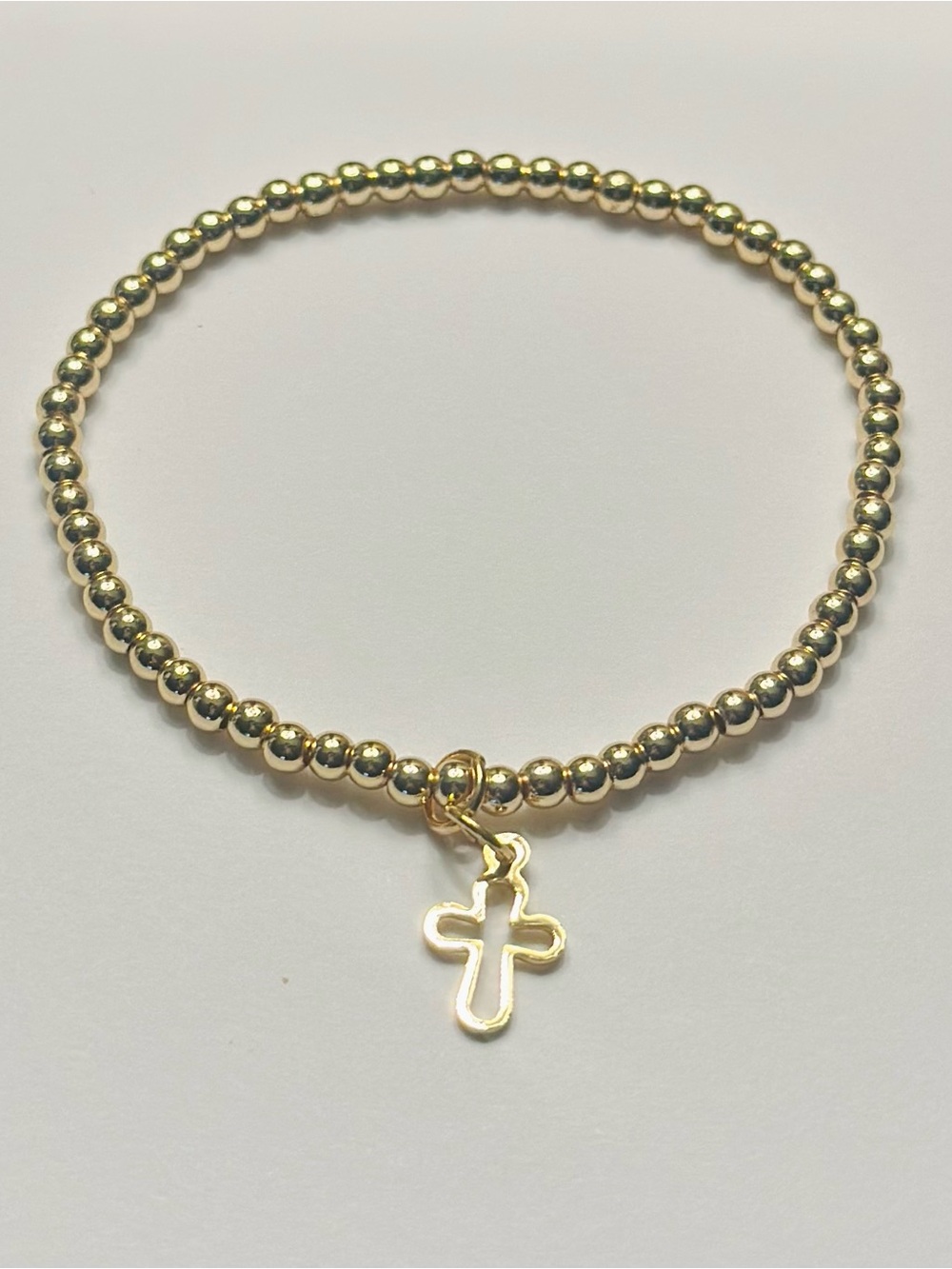 Gold Beaded Cross Charm Stretch Bracelet for Women